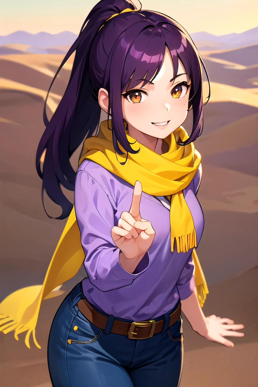 1girl, brown eyes, purple hair, ponytail, purple shirt, yellow scarf, blue pants, desert, western, detailed fingers, smiling, arrogant, standing
