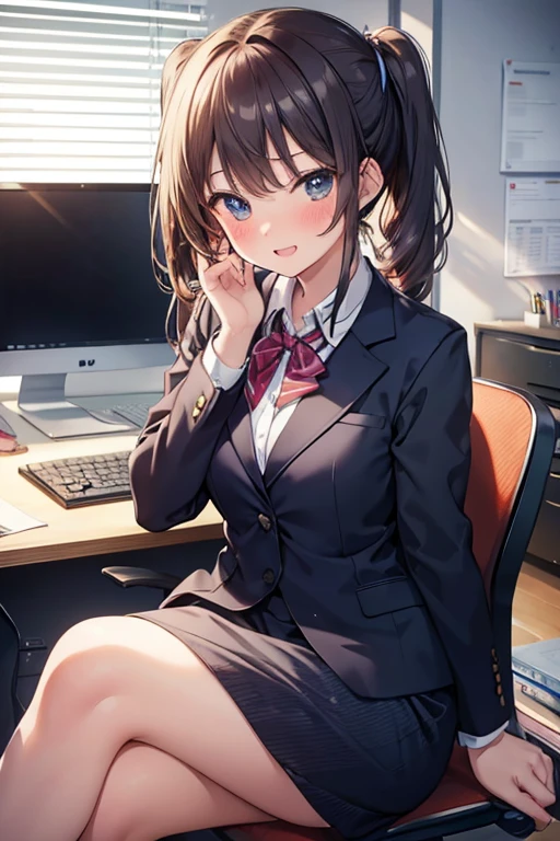 Best quality, masterpiece, An excited young girl in an office suit sits in the office and looks at the camera, blushing and embarrassed