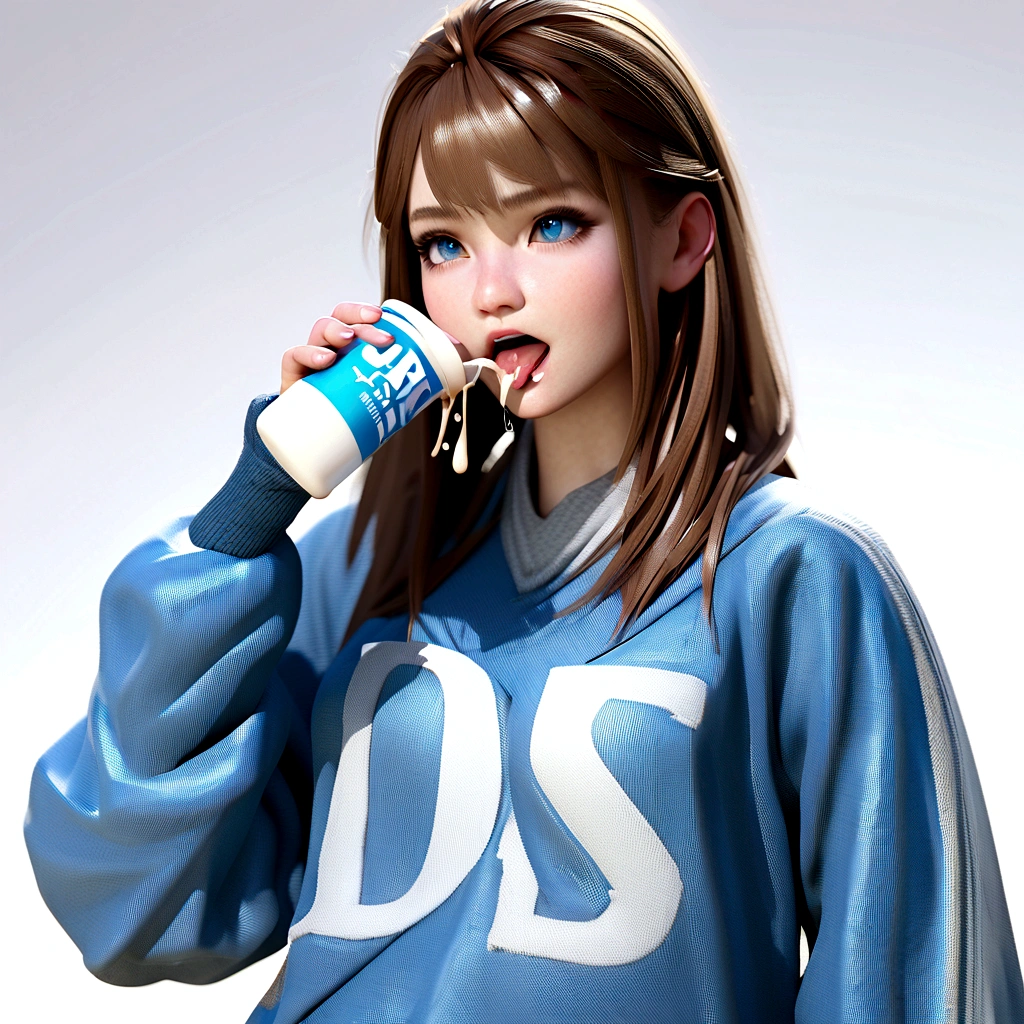 DS Character,Woman, styled, 3d,with straight brown hair , blue colored eyes, clothes in bank colors, cerulean, with the initials DS on clothing initials DS on adult clothing, role model, styled descolada, DS ,Woman 18 anos,realistic human model , showing the tongue , drinking condensed milk spilling on face in hair, oozing, dripping down 