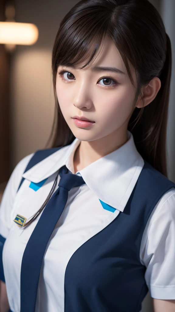 A beautiful young Japanese woman, around 20 years old, wearing a stewardess uniform, ultra-detailed, 8K resolution, highly realistic, cinematic lighting, best quality, masterpiece, photorealistic, physically-based rendering, extremely detailed, vivid colors, professional, sharp focus, studio lighting