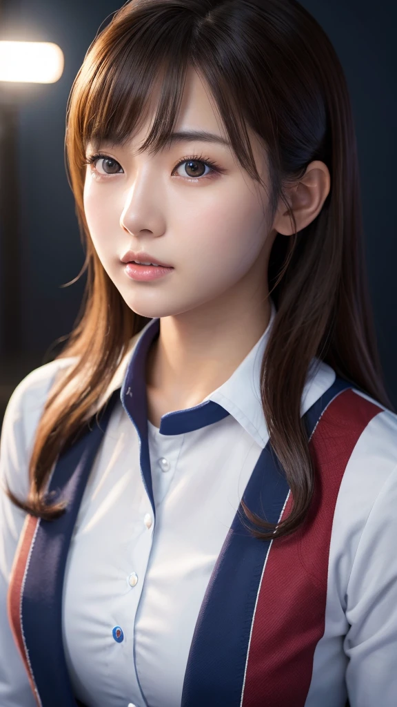 1 girl, 24 years old, japanese, 4K, masterpiece, realistic, shiny skin, texturized skin, long whavy brown hair with bangs, purple eyes, purple eyeliners, shining red lips, freckles, very large breasts, golden jewelry, unbottoned school uniform, boob tent, smile, closed mouth, bright colors, in a school courtyard, close up, face focus.