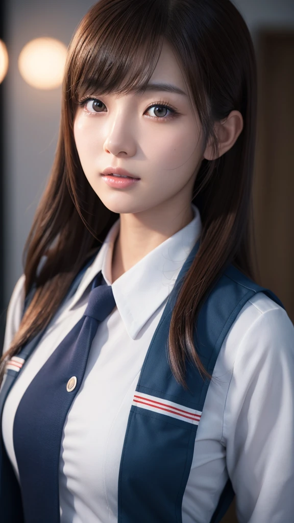 A beautiful young Japanese woman, around 20 years old, wearing a stewardess uniform, ultra-detailed, 8K resolution, highly realistic, cinematic lighting, best quality, masterpiece, photorealistic, physically-based rendering, extremely detailed, vivid colors, professional, sharp focus, studio lighting