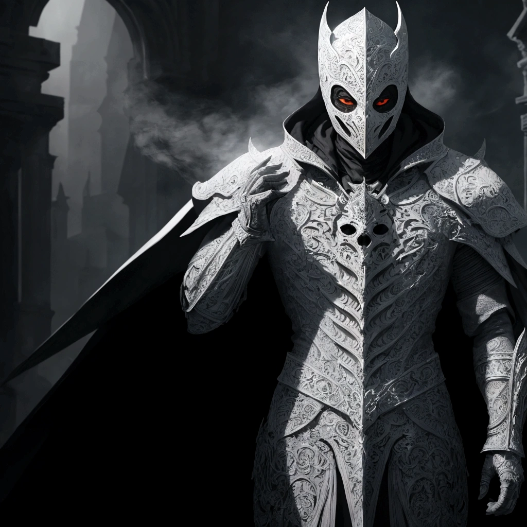 (extremely detailed 8k wallpaper), a medium shot photo of  Grim dressed as a scary masked white smoke-supervillain in an orange armour made of white glowing armour from marvel, theme, intricate, high detail, dramatic, old building with white Shadows in the background