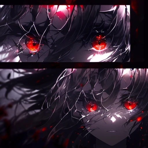 (masterpiece), (panels), (soft drops of blood, tears), ((dark colors 1.6)), (red glowing eyes), (blood splatters), blood floating), (long hair), (divided panels), (girls staring at viewer), (upper body), (upper face), ((shattered glass 1.3)), (glass shards floating in the air), (detailed hair), (emotionless), (fog 1.2), (well lit), (detailed lighting), (sharp focus:1.3), (focus at the face:1.3), (dystopian atmosphere), (glowing light), (torn buildings), ((ruins)), (fallen down pillars), (mist), (windy atmosphere), (chaos), (tears dripping from eyes), (tears blowing in the wind), (lighting from behind), ((hair blowing in the wind), (in the background there are eyes), (red eyes on the walls 1.3), ((seperate)), (particles floating in the air 1.2), (light reflecting off hair), ((detailed background)), (particles are in the background), (girl facing forward), (girl facing sideways), ((glowing red eyes)), (detailed eyes), (monitor panels)
