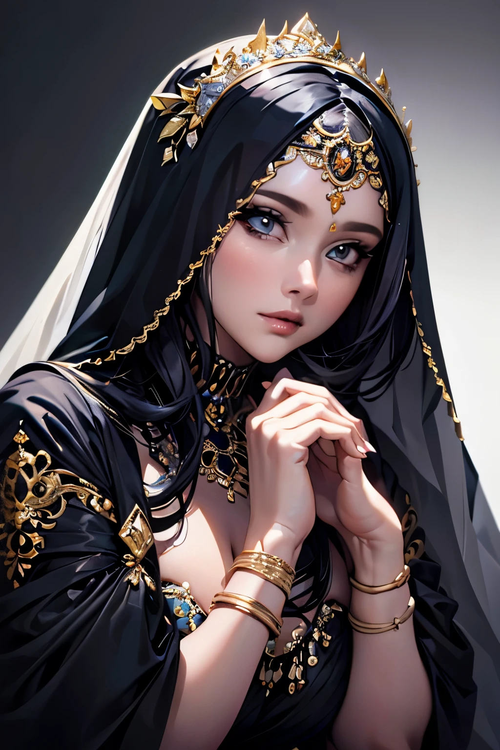 a chubby elegant woman in a white and gold veil covering her eyes, fingers on her lips, long silver nails, black background, photo-realistic, high quality, intricate details, oil painting, dramatic lighting, muted colors, mysterious atmosphere