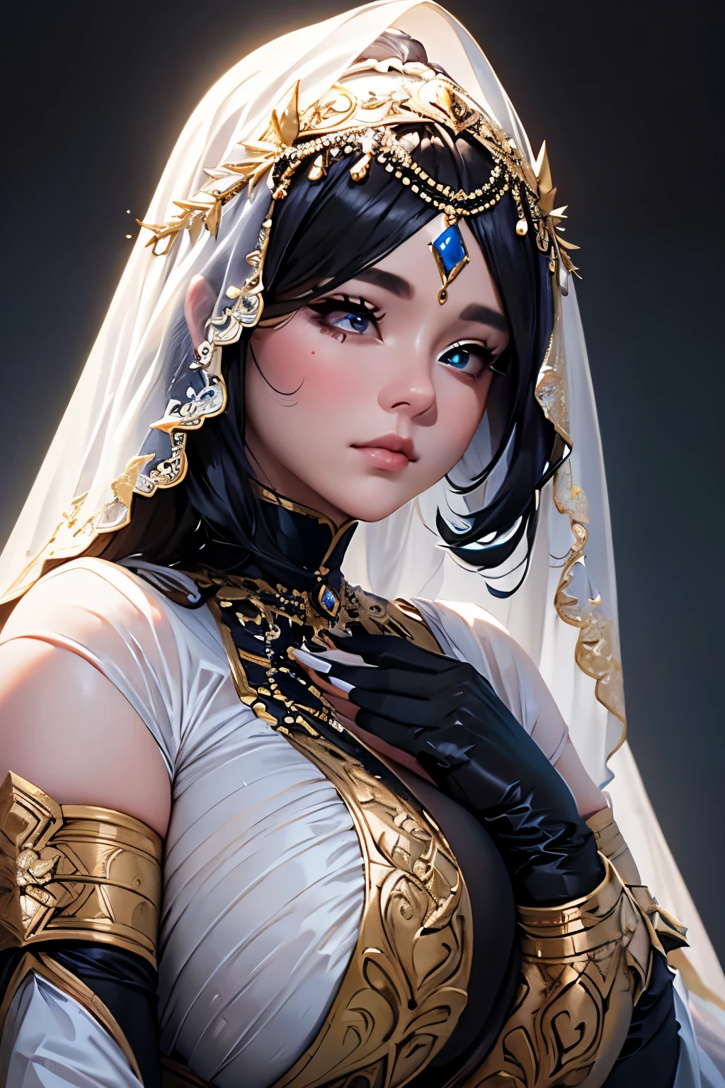 a chubby elegant woman in a white and gold veil covering her eyes, fingers on her lips, long silver nails, black background, photo-realistic, high quality, intricate details, oil painting, dramatic lighting, muted colors, mysterious atmosphere