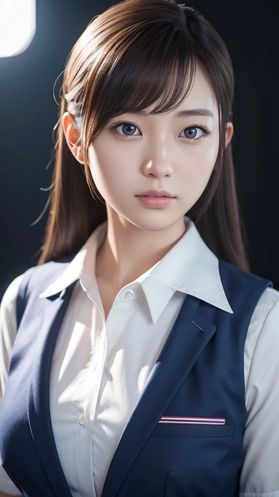 A beautiful young Japanese woman, around 20 years old, wearing a stewardess uniform, ultra-detailed, 8K resolution, highly realistic, cinematic lighting, best quality, masterpiece, photorealistic, physically-based rendering, extremely detailed, vivid colors, professional, sharp focus, studio lighting