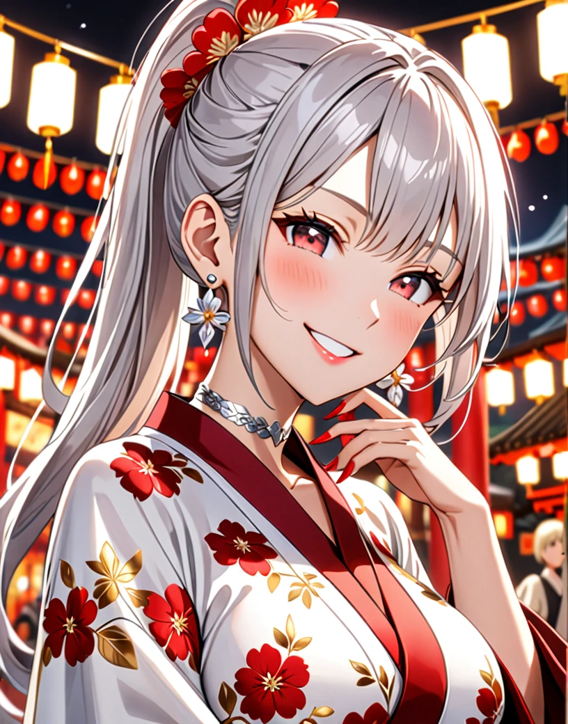 ((one girl)), hyper detailed, absurdres, 8K,Cute face, (Laugh shyly), ((teasing smile:1.8)), ((Wink:1.8)), (Laugh with your mouth wide open:1.3),(Tilt your head:1.3),  View your viewers, ((Bright red cheeks:1.6)),Glossy Red Lips, ((Big Breasts:1.5)) night, Shrine festival stalls, (Brighten your face), ((Anime style background)),masterpiece, Highest quality, so beautiful,Latest, Complex details, (Pink long nails), (nail art), (ring),(bracelet), (Floral Choker),AI-generated, Complex,High resolution, Highest quality, super high quality,3D Images、3D Images,One person,Long white hair,(High Ponytail), Anime woman posing for a photo,(blue eyes:1.1),(beautiful eyes), ((Fine grain、Silver Eyes、Shining Eyes:1.7)), (Squint your eyes:1.1),a hyperRealistic , hyperRealistic , Realistic,Anime woman with long white hair, Smooth anime CG art, With gold embroidery、A girl in a gorgeous kimono, ((Black long sleeve kimono:1.3)),(Red large floral pattern) ,Long flower hair ornament,Floral Earrings,Mature Body, expensive,Abdominal muscles,Tight waist,((Zoom in on face:2.1)),(from above),