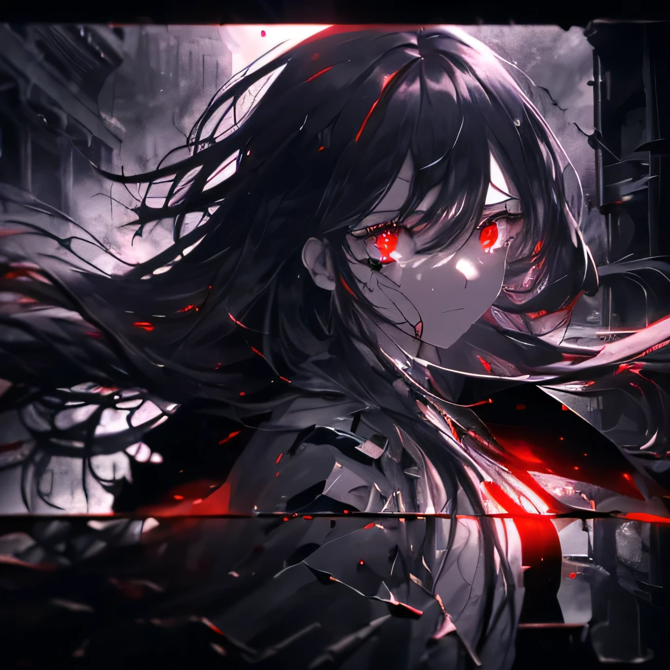 (masterpiece), (panels), (soft drops of blood, tears), ((dark colors 1.6)), (red glowing eyes), (blood splatters), blood floating), (long hair), (divided panels), (girls staring at viewer), (upper body), (upper face), ((shattered glass 1.3)), (glass shards floating in the air), (detailed hair), (emotionless), (fog 1.2), (well lit), (detailed lighting), (sharp focus:1.3), (focus at the face:1.3), (dystopian atmosphere), (glowing light), (torn buildings), ((ruins)), (fallen down pillars), (mist), (windy atmosphere), (chaos), (tears dripping from eyes), (tears blowing in the wind), (lighting from behind), ((hair blowing in the wind), (in the background there are eyes), (red eyes on the walls 1.3), ((seperate)), (particles floating in the air 1.2), (light reflecting off hair), ((detailed background)), (particles are in the background), (girl facing forward), (girl facing sideways), ((glowing red eyes)), (detailed eyes), (monitor panels)