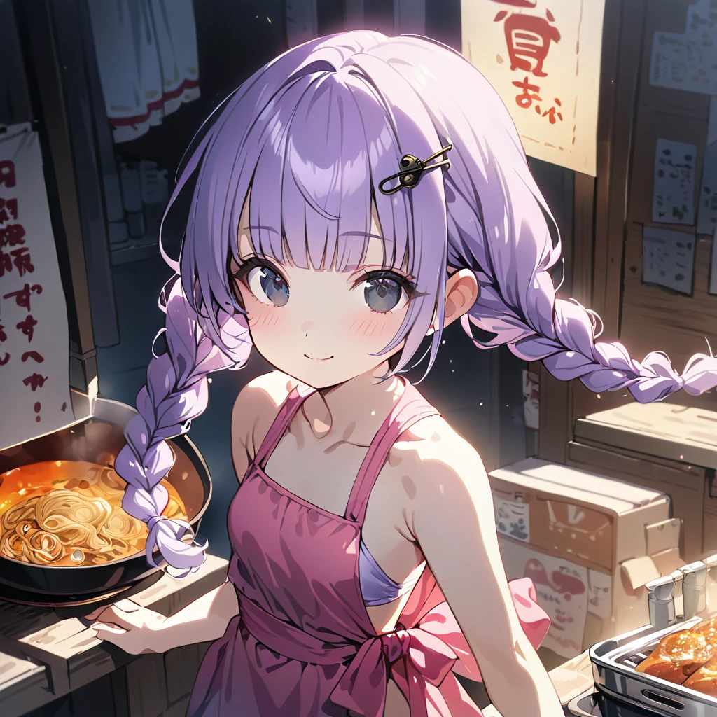 masterpiece, ultra detailed, 8K, full body shot,, a girl, kawaii, light atmosphere, (Cute a girl:1.5), (a girl with closs hair pin, pale purple hair, wavy two braids, blunt bangs hair, green and black eyes :1.4), anime visual, (tilt head:1.3), extremely delicate face, realistic lighting and shading, (an extremely delicate and beautiful art:1.3),Watercolor painting, a girl, Slender girl with small breasts, pink bikini swimsuit, pareo, frown、She is grilling yakisoba noodles at a food stall wearing a swimsuit and an apron.