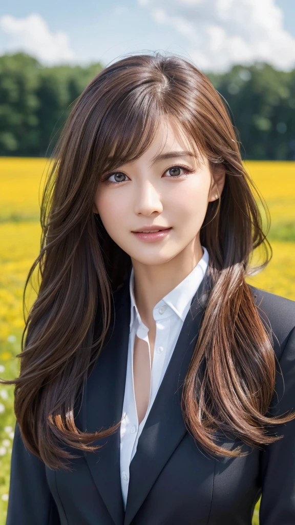 highest quality、genuine、Super detailed、finely、High resolution、8k wallpaper、one beautiful woman、、、light brown disheveled hair、wearing a business suit、sharp focus、perfect dynamic composition、beautiful and detailed eyes、thin hair、Detailed genuine skin texture、smile、model body shape、In a windswept meadow