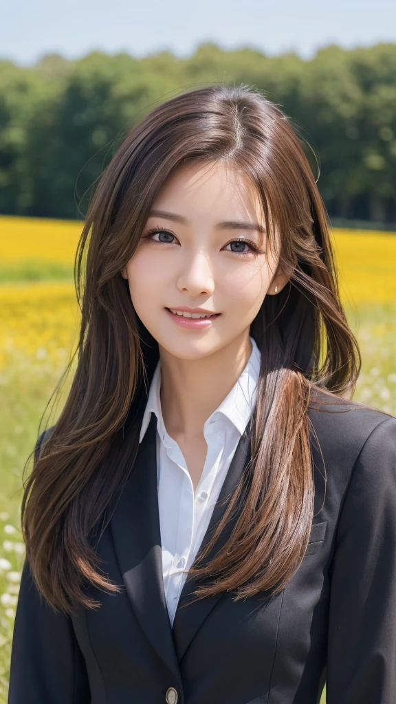 highest quality、genuine、Super detailed、finely、High resolution、8k wallpaper、one beautiful woman、、、light brown disheveled hair、wearing a business suit、sharp focus、perfect dynamic composition、beautiful and detailed eyes、thin hair、Detailed genuine skin texture、smile、model body shape、In a windswept meadow