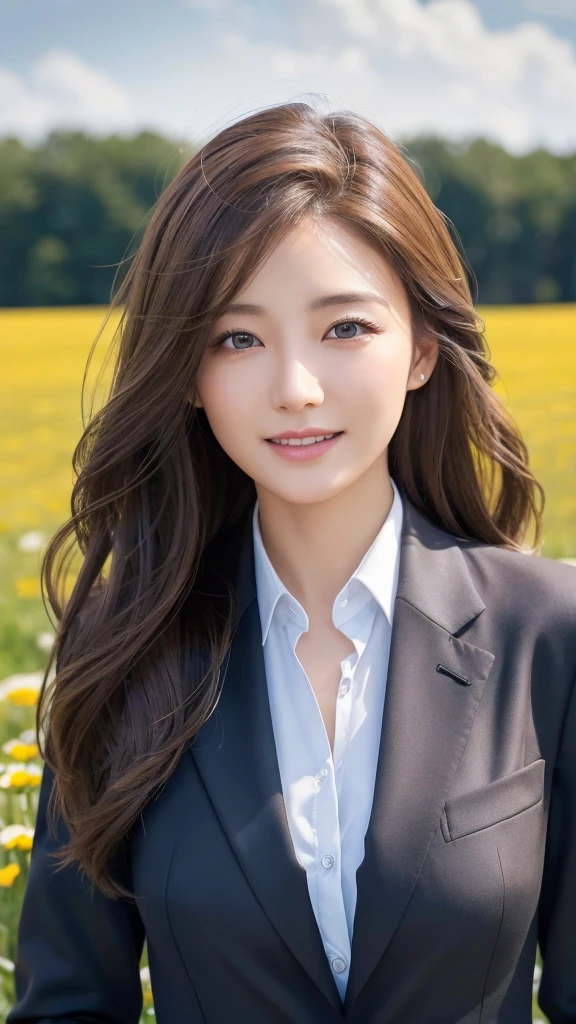 highest quality、genuine、Super detailed、finely、High resolution、8k wallpaper、one beautiful woman、、、light brown disheveled hair、wearing a business suit、sharp focus、perfect dynamic composition、beautiful and detailed eyes、thin hair、Detailed genuine skin texture、smile、model body shape、In a windswept meadow