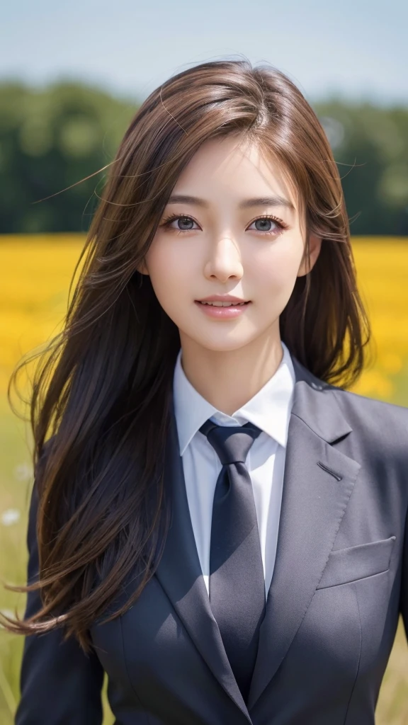 highest quality、genuine、Super detailed、finely、High resolution、8k wallpaper、one beautiful woman、、、light brown disheveled hair、wearing a business suit、sharp focus、perfect dynamic composition、beautiful and detailed eyes、thin hair、Detailed genuine skin texture、smile、model body shape、In a windswept meadow
