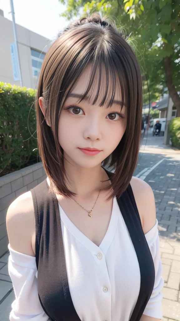Highest quality、Producing the highest resolution 8K images。The model is a 20-year-old Japanese woman..。A work depicting a person smiling for a photo at a tourist spot.。Draw the upper body of the model。(Beautiful breasts)、((She has brown eyes and a model-like figure.)), (She has a cute face like an idol), Her hair is a bob。Healthy skin color。Clothes、I'初夏のClothesを着ている.。((Detailed eyes and face:1.3, Professional photography techniques))