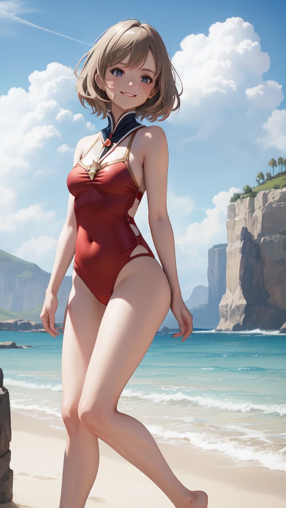 masterpiece, best quality, absurd, perfect anatomy, one girl, solo, ashelia, short hair, red onepiece swimsuit, standing, cowboy shot, smiling, dynamic pose, dynamic angle, outdoors, plains, hills