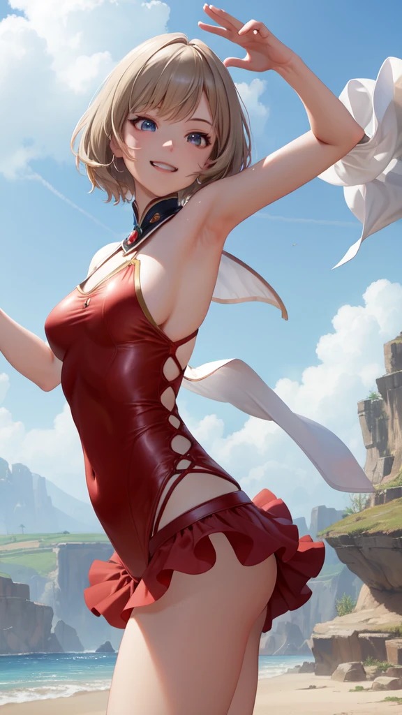 masterpiece, best quality, absurd, perfect anatomy, one girl, solo, ashelia, short hair, red onepiece swimsuit, standing, cowboy shot, smiling, dynamic pose, dynamic angle, outdoors, plains, hills