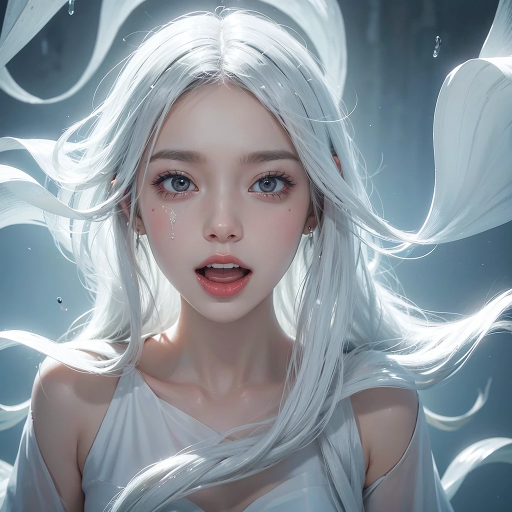 climaxing,There is a white viscous liquid on the face and chest