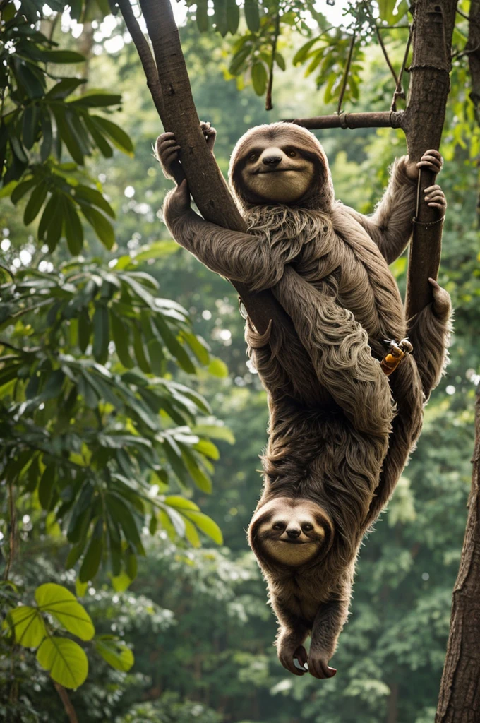 Full body tattooed sloth hanging from a tree and smoking a pipe