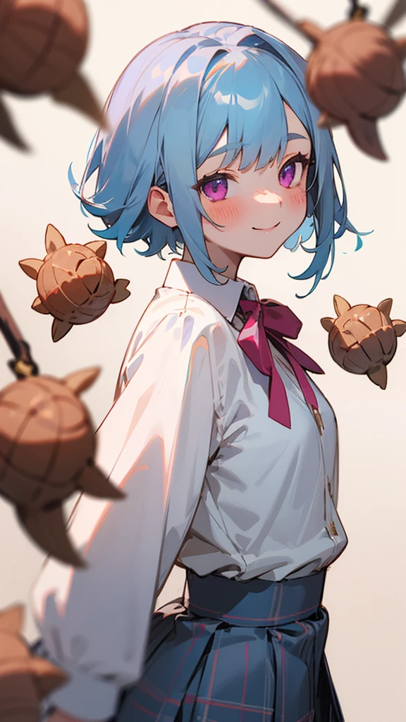 16-year-old girl、Light blue hair、Pink Eyes、smile、blush、Small breasts、From the side、A lot of acorns、white blouse shirt、Checked mini skirt、Upper body close-up