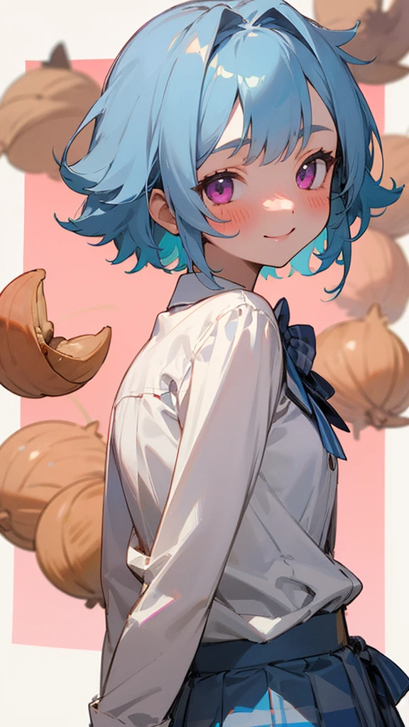 -yeld giLight blue hair、Pink Eyes、smile、blush、Small breasts、From the side、A lot of acorns、white blouse shirt、Checked mini skirt、Upper body close-up