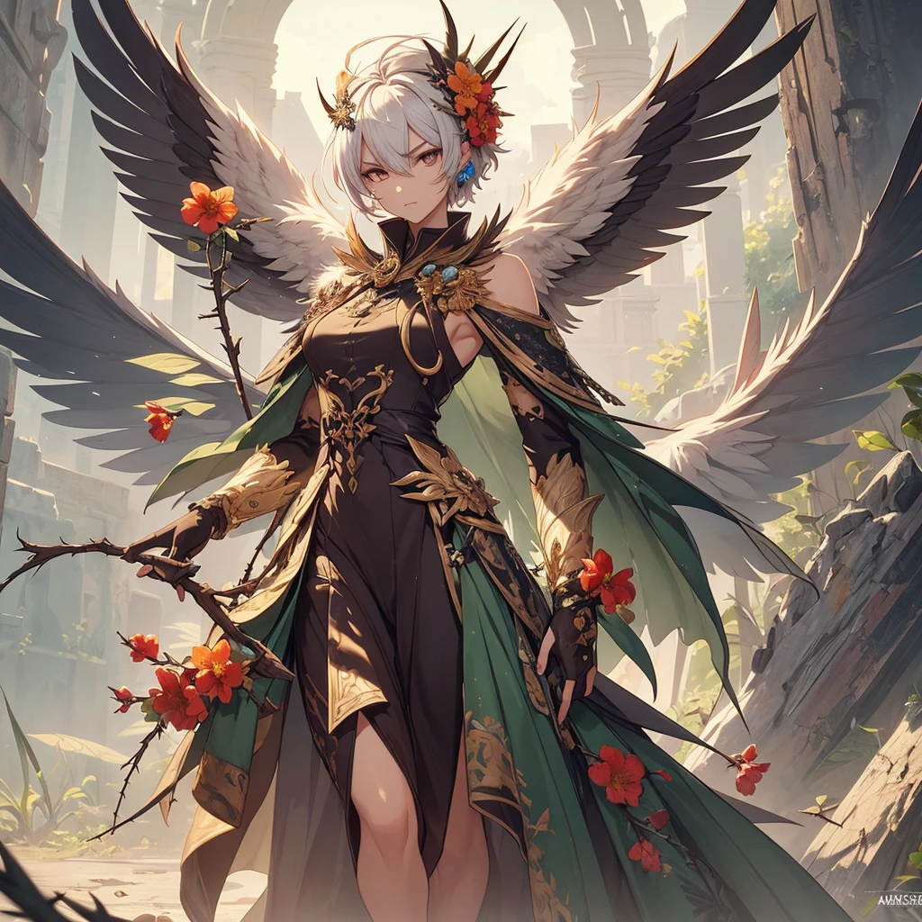 This is an avian creature ((Masterpiece, of the highest quality)), detailed face, CharacterDesignLeaf, whole body, perfect proportions, full of details, Multiple poses and expressions, Very detailed, (anthropomorphic character) ave, (When the character is happy, flowers grow on his body, when he is angry he gets thorns, detailed eyes, detailed peak, Detailed wings),natural light, androgynous character.