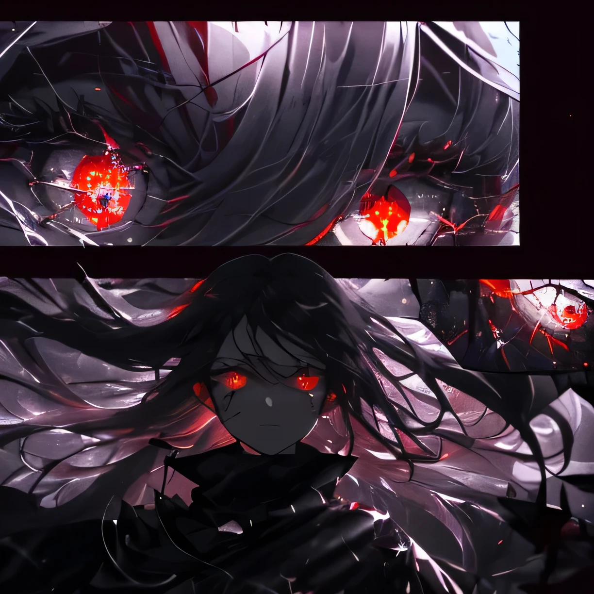 (masterpiece), (panels), (soft drops of blood, tears), ((dark colors 1.6)), (red glowing eyes), (blood splatters), blood floating), (long hair), (divided panels), (girls staring at viewer), (upper body), (upper face), ((shattered glass 1.3)), (glass shards floating in the air), (detailed hair), (emotionless), (fog 1.2), (well lit), (detailed lighting), (sharp focus:1.3), (focus at the face:1.3), (dystopian atmosphere), (glowing light), (torn buildings), ((ruins)), (fallen down pillars), (mist), (windy atmosphere), (chaos), (tears dripping from eyes), (tears blowing in the wind), (lighting from behind), ((hair blowing in the wind), (in the background there are eyes), (red eyes on the walls 1.3), ((seperate)), (particles floating in the air 1.2), (light reflecting off hair), ((detailed background)), (particles are in the background), (girl facing forward), (girl facing sideways), ((glowing red eyes)), (detailed eyes), (monitor panels)
