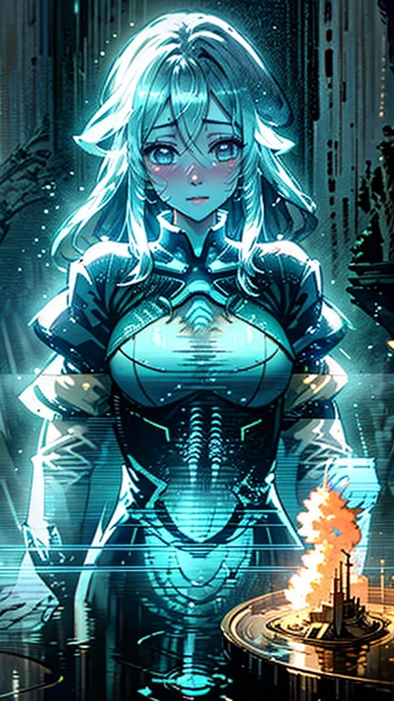 the anime illustration captures a ghostly image of a beautiful ghost girl, she is crying, she is ethereal AND transparent. The image is a beautifully detailed digital painting that showcases intricate textures and cinematic lighting effects. The spectral entity appears both horror and mysterious, perfectly reflecting the eerie atmosphere of a horror movie. This high-quality artwork expertly balances realism and fantasy, immersing viewers in the otherworldly presence of the ghostly figure.