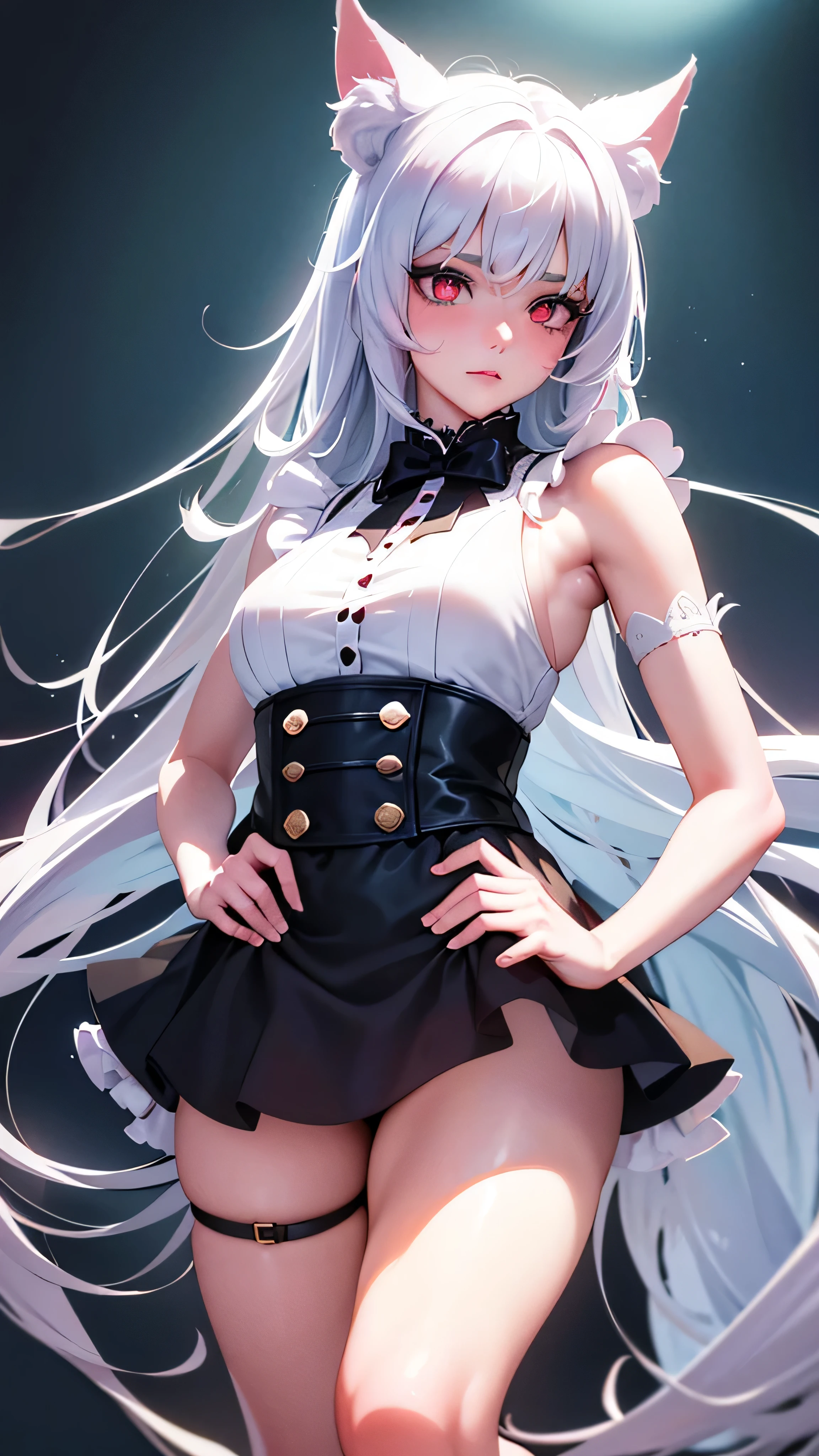Tsundere 18 year old girl, beautiful and delicate eyes, beautiful lips, Highly detailed eyes and face, long eyelashes, 1girl, white cat ears,foot long bag, Front view, red eyes, (best quality, 4K, 8K, high resolution, masterpiece:1.2), Ultra-detailed, (realistic, realistic, realistic, realistic: 1.37), big bust, Scythe, elegant, fantasy, soft lighting, white background,holding a weapon, maid uniform, armpit