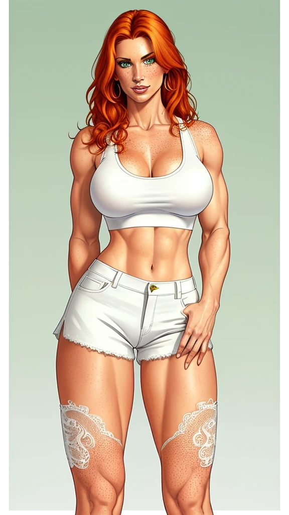 Lacy Lemon, pretty woman, ginger hair, midriff, white cloth hotpants,tank top, freckles, large breasts, rubenesque, green eyes, white background, blank background