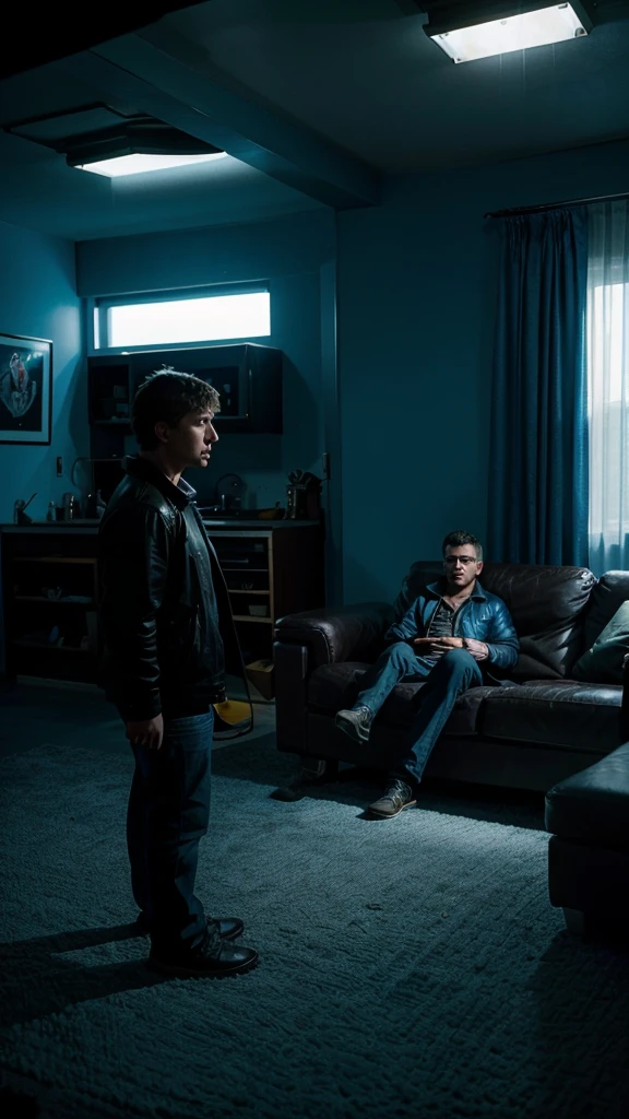 micheal talking with his  son, in their living room, 4k realistic imagery, blue scenery like a movie scene, old american setting, inspired by blade runner movie scene, blue tone,