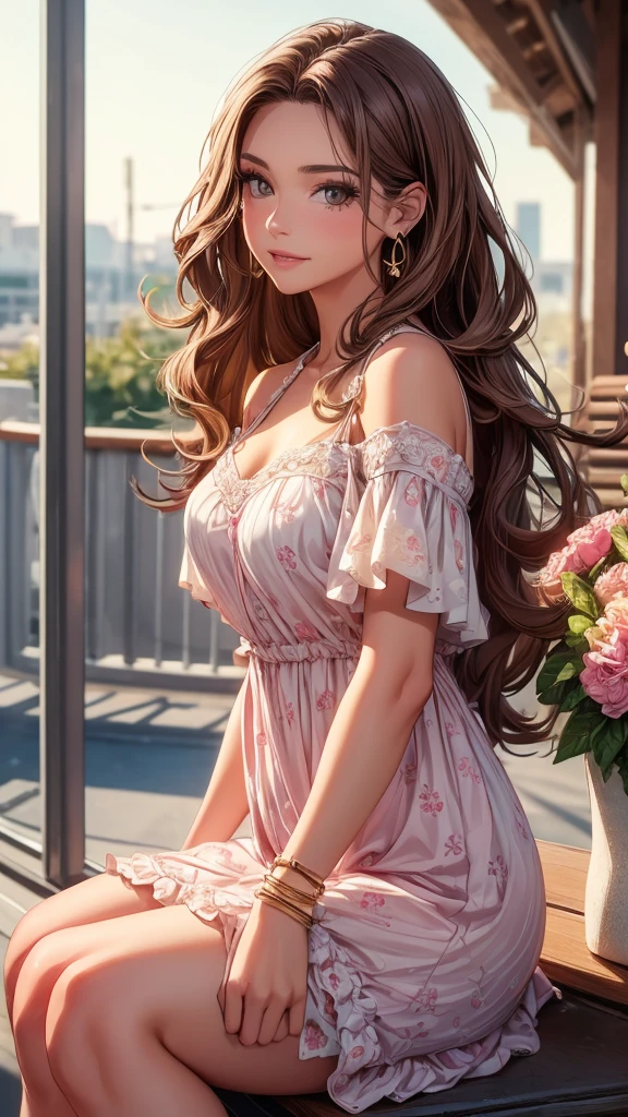 (Best quality, 8k, Masterpiece :1.3)), Sharp focus :1.2, Perfect body beauty: 1.4, Slim abs: 1.2, ((Long Dark brown hair, round breasts: 1.2)), (realistic light, natural lighting: 1.1 ), highly detailed facial and skin textures, detailed eyes, double eyelids, (((Dynamic Angle))), nsfw, 8K raw photo, Best quality, masterpiece, ultra high res, film grain, filmg, 1girl, looking at viewer, natural skin texture, realistic eye and face details, full lips, lipstick, (makeup), "Create a high-quality profile picture of a young Latina woman named Bella Rivera. She is 24 years old, with a softer, curvier build and a warm medium-tan complexion. Bella has an oval-shaped face with high cheekbones, almond-shaped dark brown eyes, and thick, well-groomed eyebrows with a natural arch. Her nose is straight with a slight elegant curve, and she has full lips with a natural pink hue. Bella has a bright, warm smile with subtle dimples, and a small beauty mark above her upper lip on the left side. Her long, wavy hair is deep brown with natural highlights.
In this photo, Bella is wearing a casual yet feminine outfit. She is dressed in a flowy, floral-patterned sundress that highlights her curves and enhances her soft build. The dress has a light, pastel color palette and delicate details such as ruffles or lace. She accessorizes with simple, elegant jewelry like small hoop earrings, a delicate necklace, and a couple of bracelets. Her makeup is natural, with a focus on her bright smile and expressive eyes.
Bella should be standing or sitting in a relaxed and comfortable pose, perhaps holding a cup of coffee or a bouquet of flowers, to enhance the casual and feminine vibe. The background should be a softly blurred outdoor setting, like a park or garden, with natural light highlighting her features and outfit." black pantyhose,