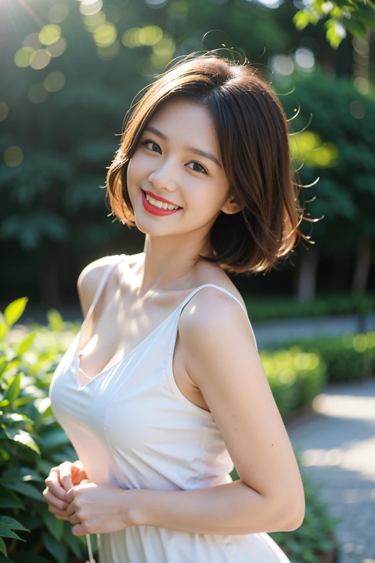 Highest quality,8k,Brown Hair,Shoulder-length bob,clear系美女,ccup,smile,Shiny skin,Wearing a white dress,Shown in full-body photo,Looking up,Strong sunlight, bright, She is smiling gently with the corners of her mouth turned up,Realistic skin texture,double eyelid,Japanese,Taking a selfie,Eye color is dark brown,garden,a sunny day,clear,19~22age,Photorealistic,,Looks energetic,giggle,Super detailed,Ultra-high resolution,She is wearing red lipstick,Arch your back