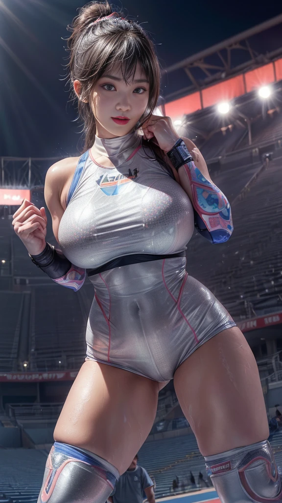 Female professional wrestler、Fighting Pose、tall、smile、((On the Ring))、((Spotlight))、(((large stadium)))、((Super big breasts))、((Ultra tight uniform))、Wristband、(((A flashy costume with a bizarre pattern)))、((Elbow Support))、((Knee support))、I can see your abuscular、Hairstyle with bangs、((Sweat))、((Match venue))、Very beautiful woman、((Female Athletes))、(Detailed face)、Realistic Skin、((Delicate photo)),(Girl Masterpiece RAW Photo Details:1.25), (Highest quality:1.6), (Ultra-high resolution:1.5), (Realistic:1.75), 8K resolution,50mm, Absurd, Ultra-detailed,Cinema Lighting、
