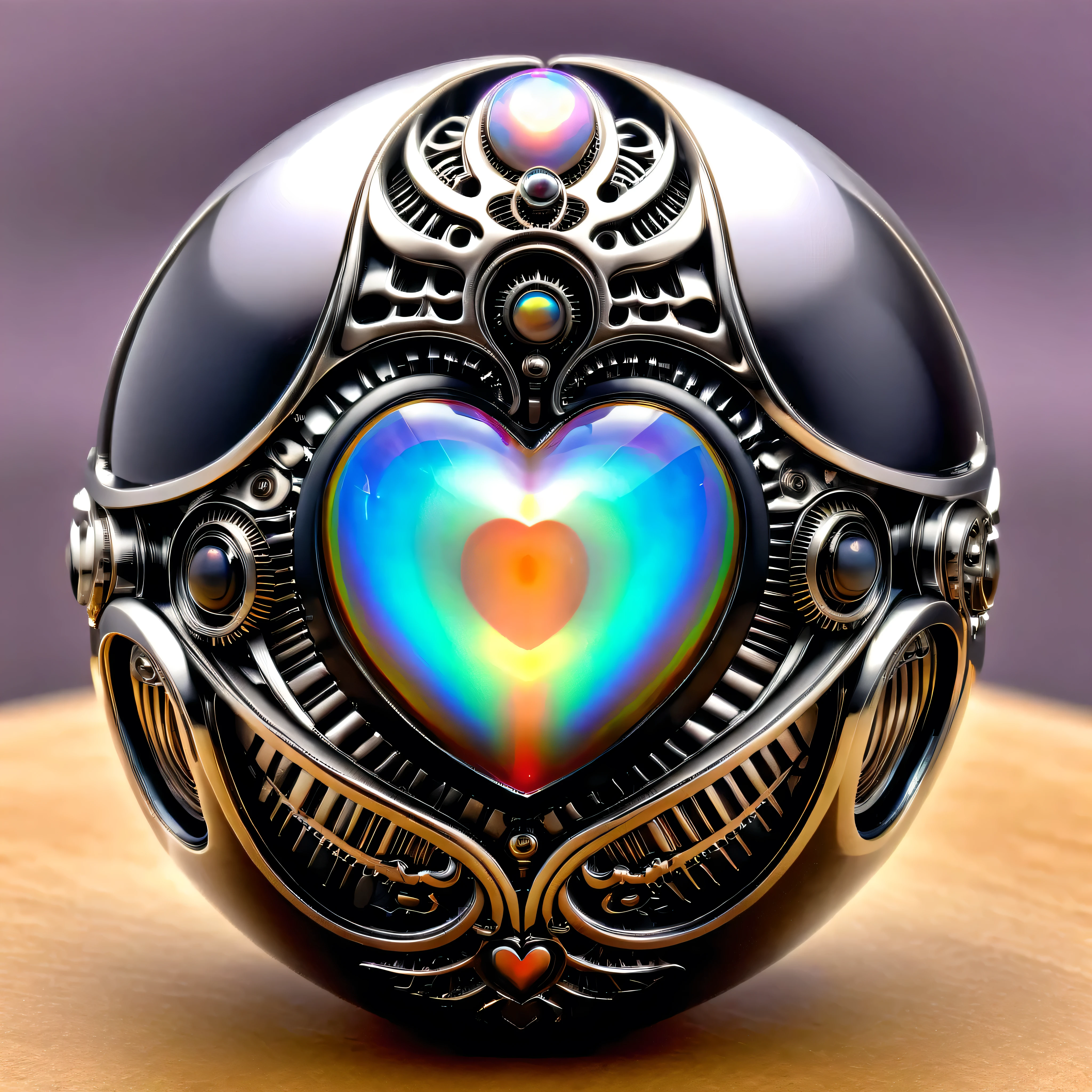 a pure black and opal mechanical orb, giger style, silvercarvingcd_xl , rainbow heart aura,