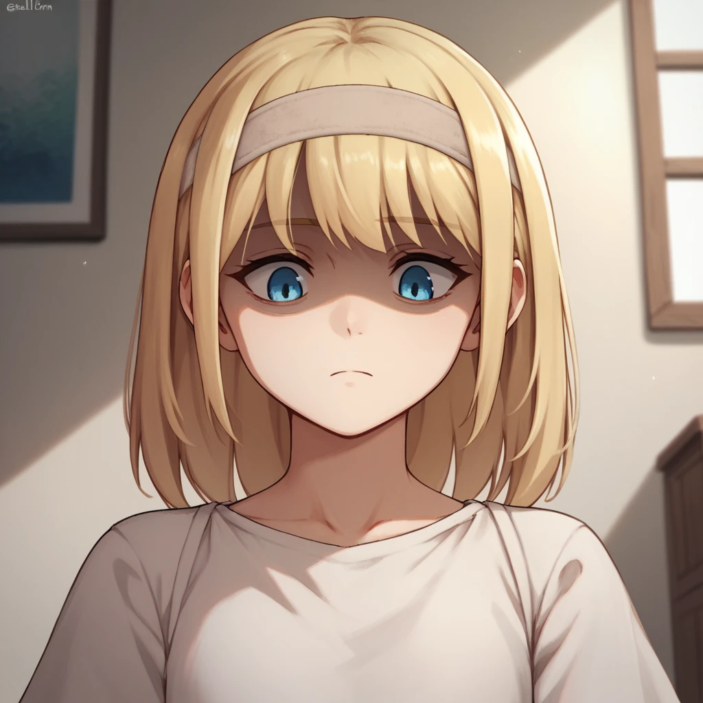 score_9, score_8_up, score_7_up, ymir fritz,1girl, solo, hairband, blonde hair, bangs, blue eyes, medium hair,shaded face,white dress, short sleeves, room, from bellow, looking down, close up,