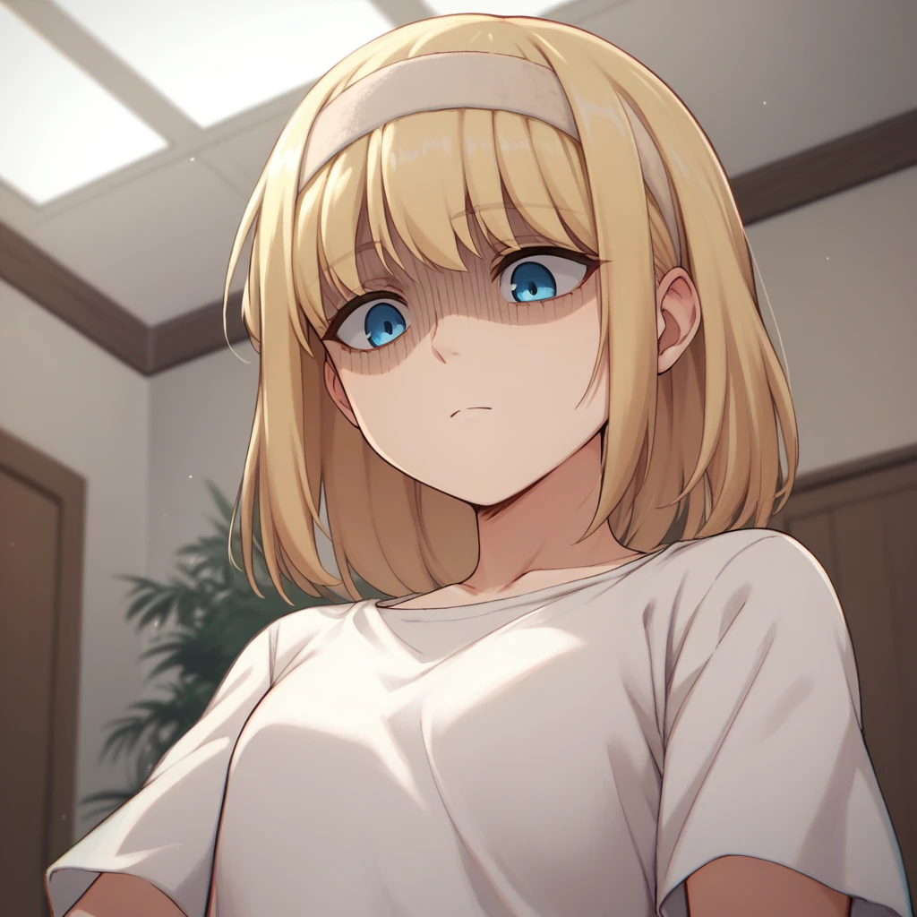 score_9, score_8_up, score_7_up, ymir fritz,1girl, solo, hairband, blonde hair, bangs, blue eyes, medium hair,shaded face,white dress, short sleeves, room, from bellow, looking down, close up,