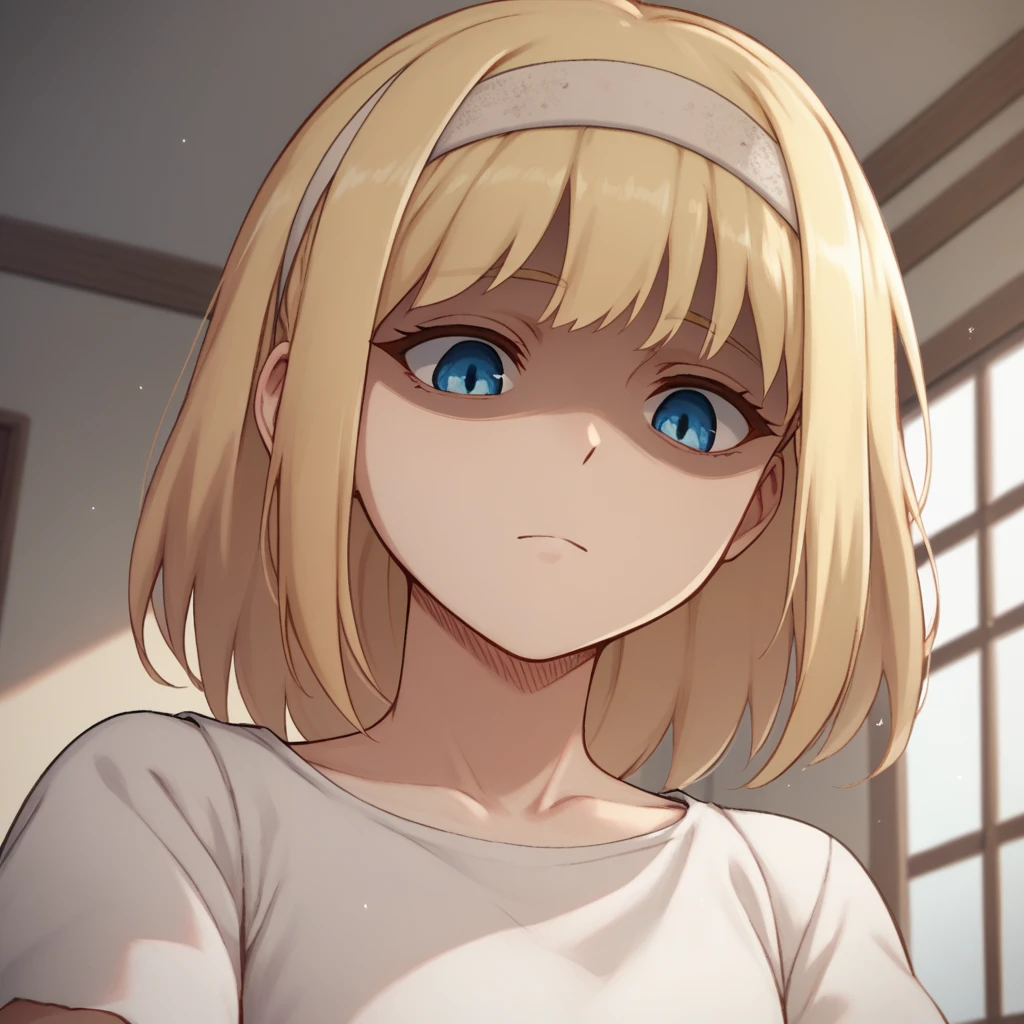 score_9, score_8_up, score_7_up, ymir fritz,1girl, solo, hairband, blonde hair, bangs, blue eyes, medium hair,shaded face,white dress, short sleeves, room, from bellow, looking down, close up,