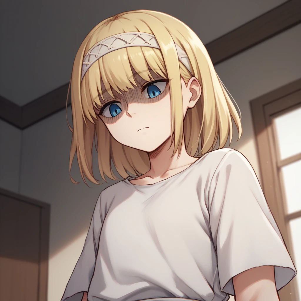 score_9, score_8_up, score_7_up, ymir fritz,1girl, solo, hairband, blonde hair, bangs, blue eyes, medium hair,shaded face,white dress, short sleeves, room, from bellow, looking down, close up,