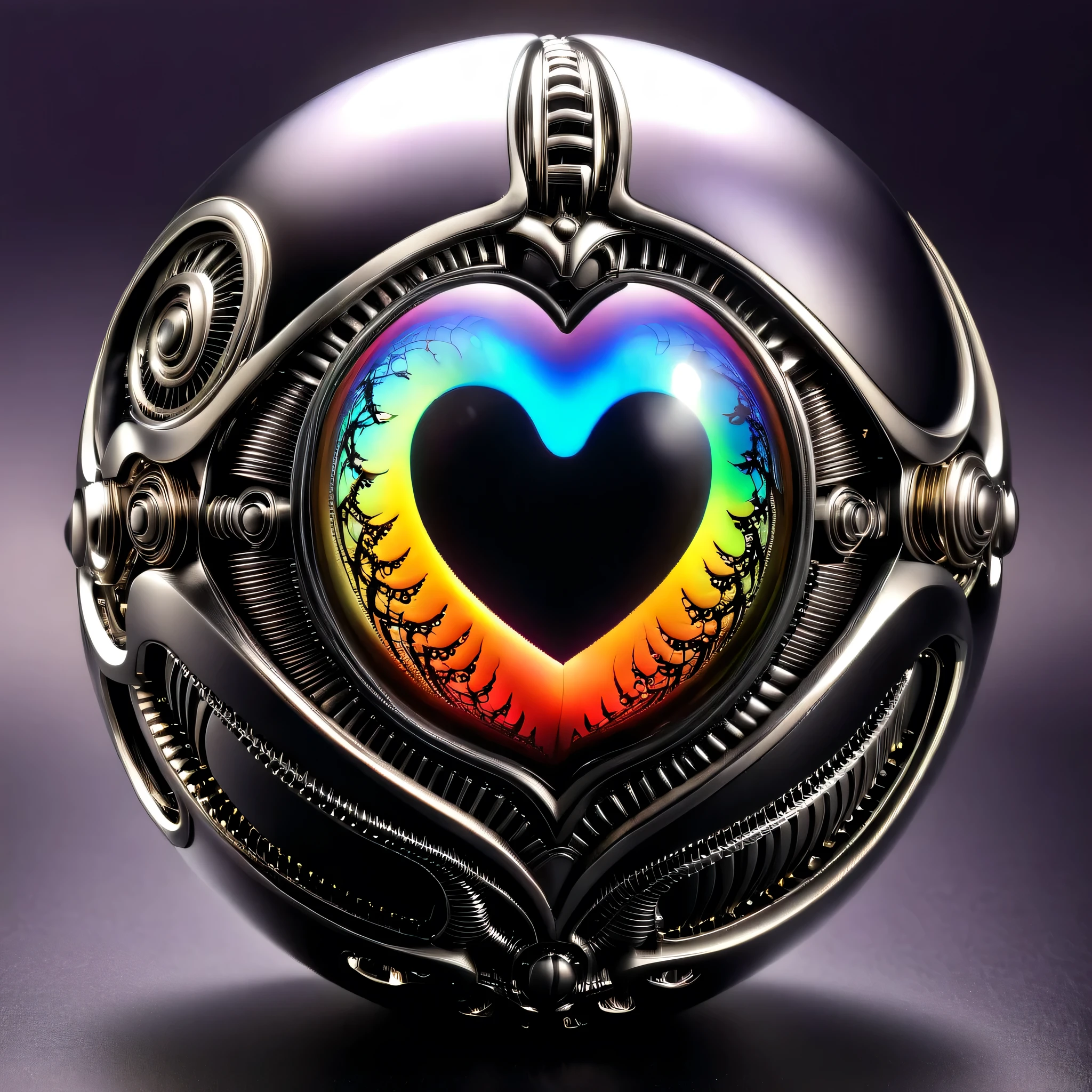 a pure black and opal mechanical orb, giger style, silvercarvingcd_xl , rainbow heart aura,