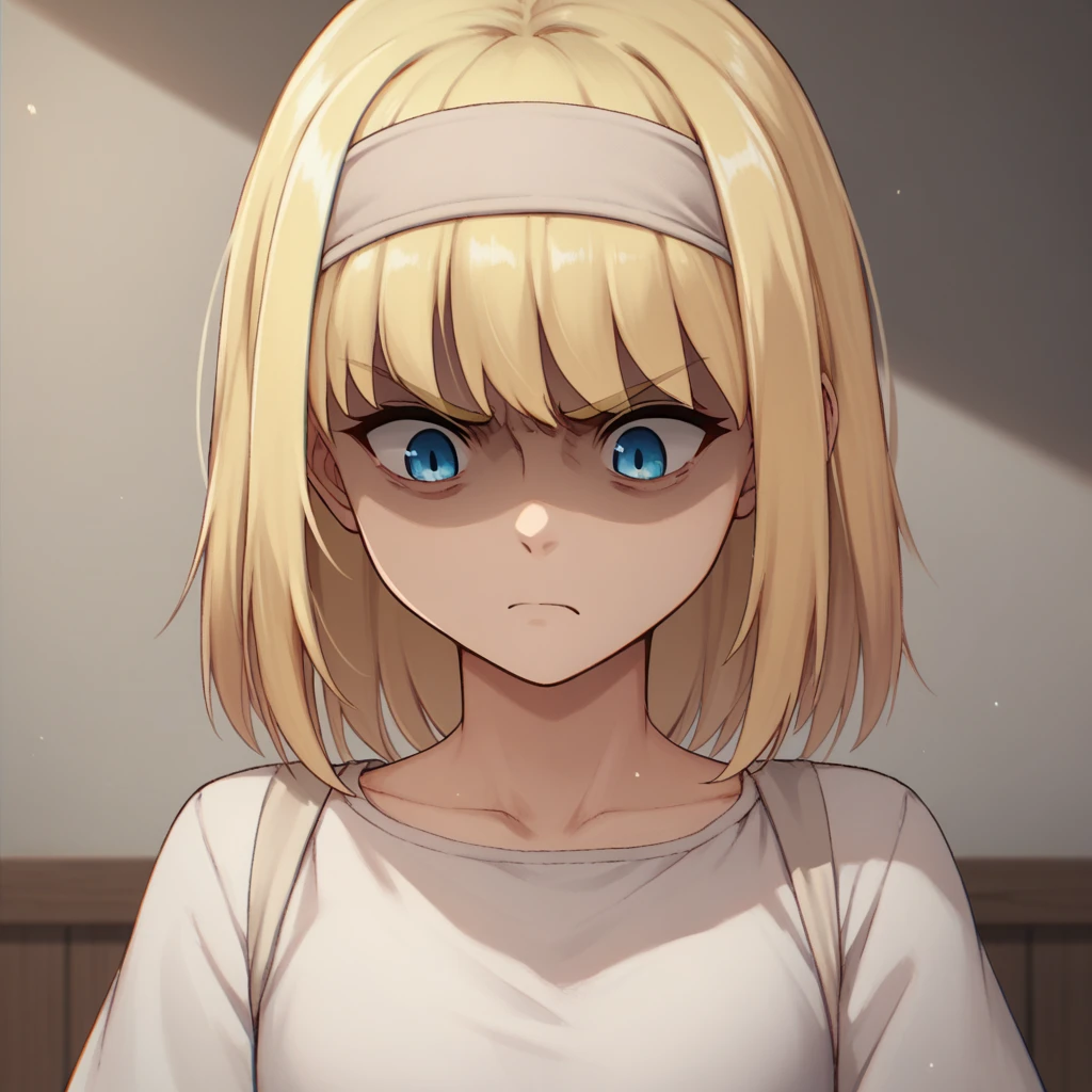 score_9, score_8_up, score_7_up, ymir fritz,1girl, solo, hairband, blonde hair, bangs, blue eyes, medium hair,shaded face,white dress, short sleeves, room, from bellow, looking down, close up, angry