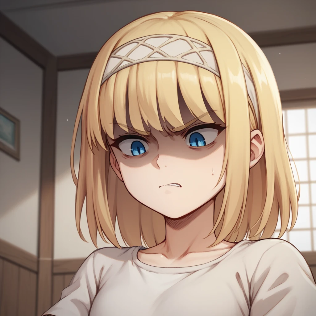 score_9, score_8_up, score_7_up, ymir fritz,1girl, solo, hairband, blonde hair, bangs, blue eyes, medium hair,shaded face,white dress, short sleeves, room, from bellow, looking down, close up, angry