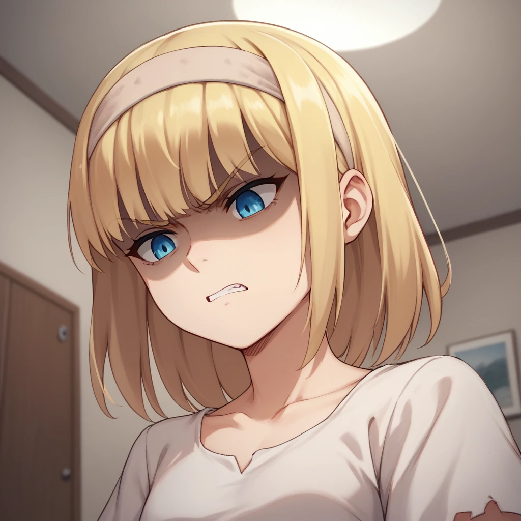 score_9, score_8_up, score_7_up, ymir fritz,1girl, solo, hairband, blonde hair, bangs, blue eyes, medium hair,shaded face,white dress, short sleeves, room, from bellow, looking down, close up, angry