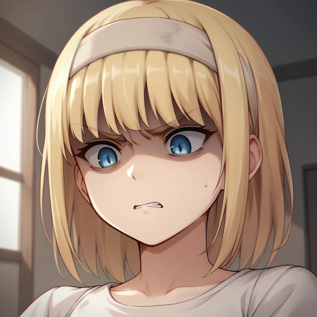 score_9, score_8_up, score_7_up, ymir fritz,1girl, solo, hairband, blonde hair, bangs, blue eyes, medium hair,shaded face,white dress, short sleeves, room, from bellow, looking down, close up, angry