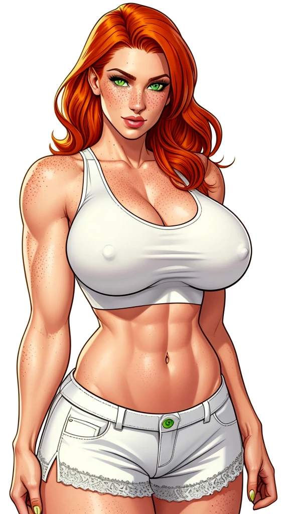 Lacy Lemon, pretty woman, ginger hair, midriff, white cloth hotpants,tank top, freckles, large , rubenesque, green eyes, white background, blank background