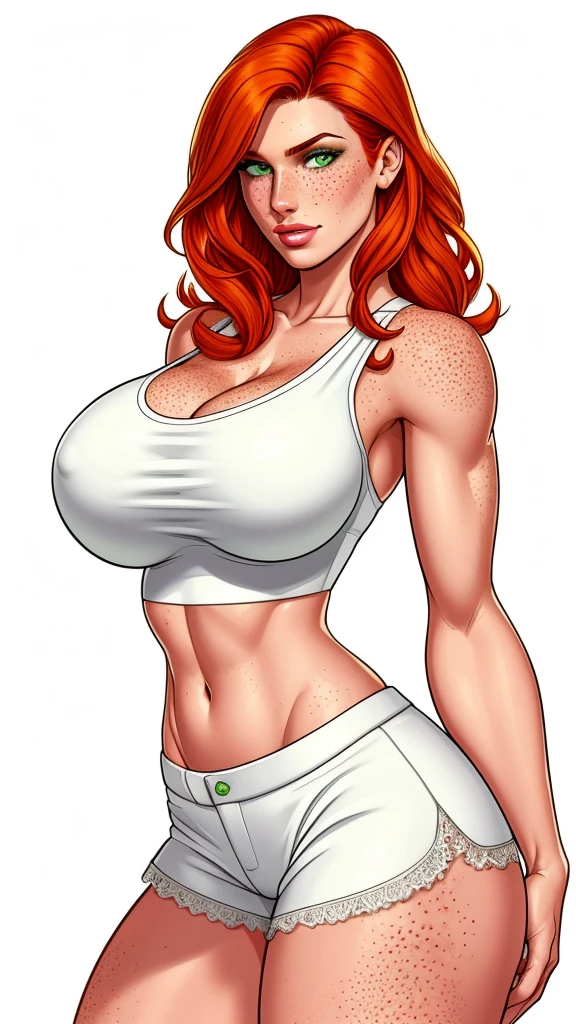 Lacy Lemon, pretty woman, ginger hair, midriff, white cloth hotpants,tank top, freckles, large breasts, rubenesque, green eyes, white background, blank background