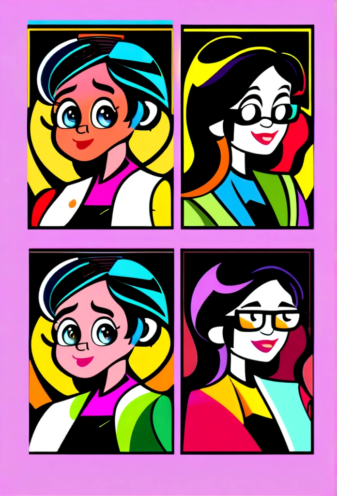 (Disney Pixar style movie poster, 8K, high resolution, digitl art,) digitl art, Smiling WHITE woman in colorful dress, cute woman, (hot woman, cute), 8K image, photo of a white woman, slicked black hair, long hair, 40 years old woman, Disney Princess character of a woman with LONG, Straight Hair with Golden Highlights, hot body, anxiously waiting, facing the camera, Personagens, WOMAN IN BLACK SQUARE GLASSES, beautiful digital illustration, in digital illustration style, Character design portrait, (1Pixar style, Disney  style, digitl art)