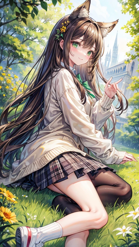 masterpiece, Highest quality, outside, Flower Field, From the side, One girl, smile, Conceit, Long Hair, Brown Hair, Green Eyes, Fox Ears, Medium chest, White collared shirt, bow tie, Beige cardigan, Black plaid skirt, Thick thighs, sneakers, loose socks, Panto Peak,