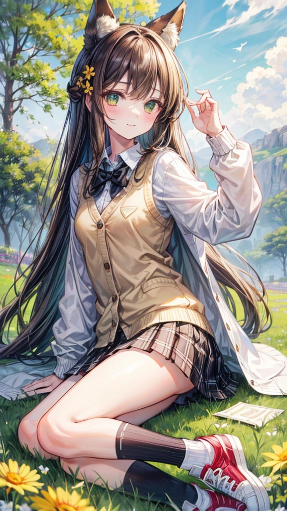 masterpiece, Highest quality, outside, Flower Field, From the side, One girl, smile, Conceit, Long Hair, Brown Hair, Green Eyes, Fox Ears, Medium chest, White collared shirt, bow tie, Beige cardigan, Black plaid skirt, Thick thighs, sneakers, loose socks, Panto Peak,
