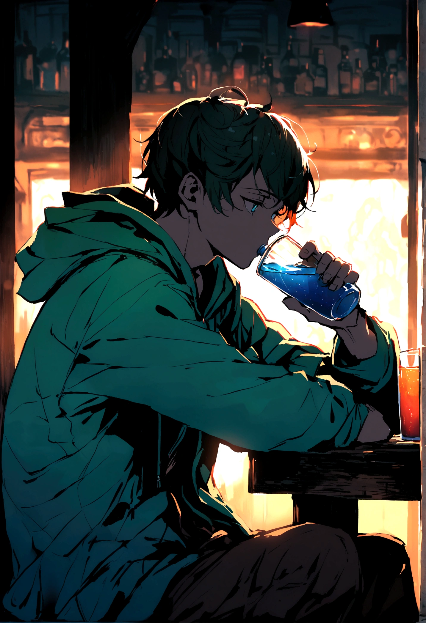 Hooded young man sitting in an old bar drinking water.